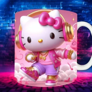 Plantilla de sublimación para taza con personaje Hello Kitty Chibi en estilo Hip Hop, con sudadera rosa, auriculares y cadenas de oro, sobre fondo de pared de ladrillos neón.