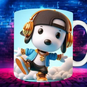 Plantilla de sublimación para taza con personaje Loki Chibi en estilo Hip Hop, con gorra negra, auriculares dorados y cadenas de oro, sobre fondo de pared de ladrillos neón.