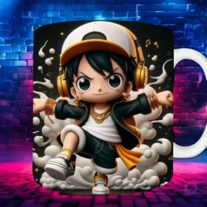 Plantilla de sublimación para taza con personaje Luffy Chibi en estilo Hip Hop, con gorra amarilla, auriculares y joyas de oro, sobre fondo de pared de ladrillos neón.