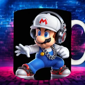 Plantilla de sublimación para taza con personaje Mario Chibi en estilo Hip Hop, con gorra blanca, auriculares y cadena, sobre fondo de pared de ladrillos neón.