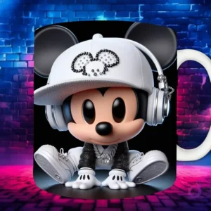 Plantilla de sublimación para taza con personaje Mickey Mouse Chibi en estilo Hip Hop, con gorra blanca, auriculares y cadena plateada, sobre fondo de pared de ladrillos neón.