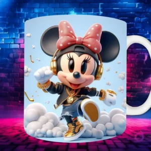 Plantilla de sublimación para taza con personaje Minnie Mouse Chibi en estilo Hip Hop, con lazo rojo, gorra negra, auriculares y joyas doradas, sobre fondo de pared de ladrillos neón.