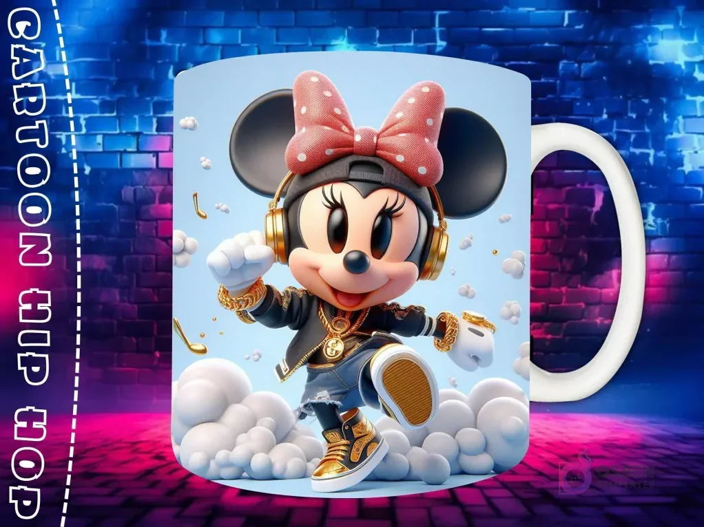 Plantilla de sublimación para taza con personaje Minnie Mouse Chibi en estilo Hip Hop, con lazo rojo, gorra negra, auriculares y joyas doradas, sobre fondo de pared de ladrillos neón. Plantilla de sublimación para taza con personaje Minnie Mouse Chibi en estilo Hip Hop, con lazo rojo, gorra negra, auriculares y joyas doradas, sobre fondo de pared de ladrillos neón.