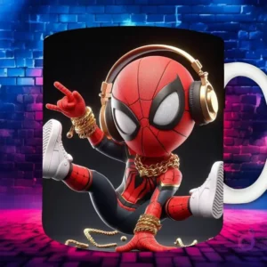 Plantilla de sublimación para taza con personaje Spider-Man Chibi en estilo Hip Hop, con auriculares dorados y cadenas de oro, sobre fondo de pared de ladrillos neón.