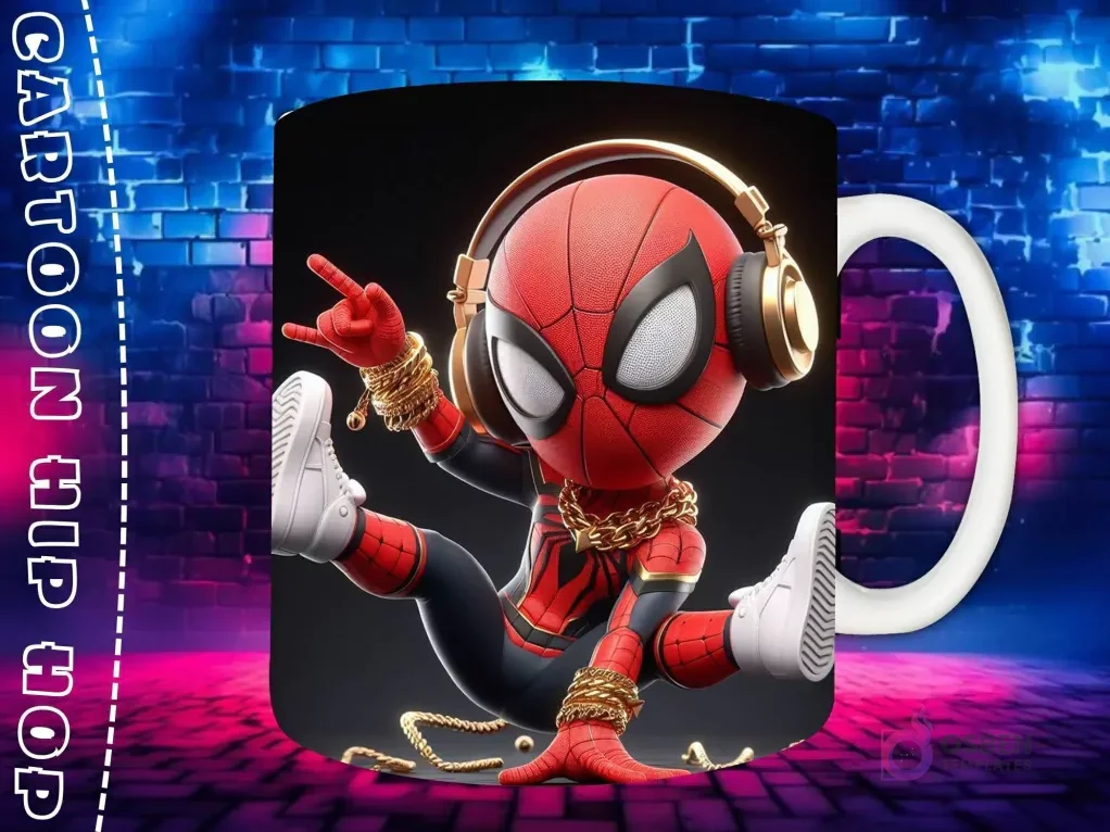 Plantilla de sublimación para taza con personaje Spider-Man Chibi en estilo Hip Hop, con auriculares dorados y cadenas de oro, sobre fondo de pared de ladrillos neón. Plantilla de sublimación para taza con personaje Spider-Man Chibi en estilo Hip Hop, con auriculares dorados y cadenas de oro, sobre fondo de pared de ladrillos neón.