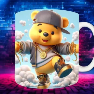 Plantilla de sublimación para taza con personaje Thanos Chibi en estilo Hip Hop, con gorra amarilla, auriculares dorados y joyas de oro, sobre fondo de pared de ladrillos neón.