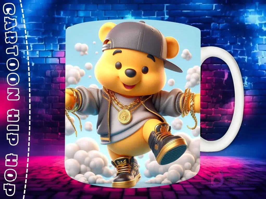 Plantilla de sublimación para taza con personaje Thanos Chibi en estilo Hip Hop, con gorra amarilla, auriculares dorados y joyas de oro, sobre fondo de pared de ladrillos neón. Plantilla de sublimación para taza con personaje Thanos Chibi en estilo Hip Hop, con gorra amarilla, auriculares dorados y joyas de oro, sobre fondo de pared de ladrillos neón.