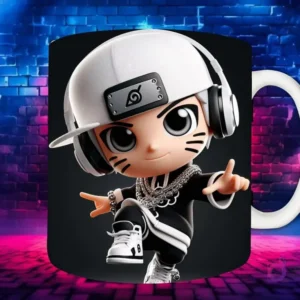 Plantilla de sublimación para taza con personaje Thor Chibi en estilo Hip Hop, con gorra, auriculares dorados y cadenas de oro, sobre fondo de pared de ladrillos neón.