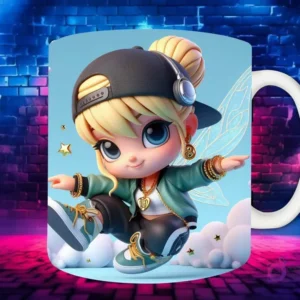 Plantilla de sublimación para taza con personaje Tinkerbell Chibi en estilo Hip Hop, con gorra negra, auriculares y joyas doradas, sobre fondo de pared de ladrillos neón.