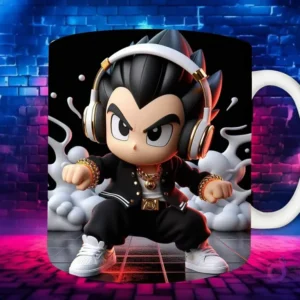 Plantilla de sublimación para taza con personaje Gato Tom Chibi en estilo Hip Hop, con gorra negra, auriculares dorados y cadena, sobre fondo de pared de ladrillos neón.