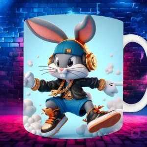 Plantilla de sublimación para taza con personaje Piolín Chibi en estilo Hip Hop, con gorra negra, auriculares dorados y cadenas, sobre fondo de pared de ladrillos neón.
