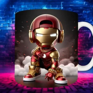 Plantilla de sublimación para taza con personaje Vegeta Chibi en estilo Hip Hop, con auriculares blancos y cadenas de oro, sobre fondo de pared de ladrillos neón.
