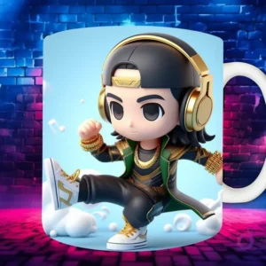 Plantilla de sublimación para taza con personaje Vegeta Chibi en estilo Hip Hop, con auriculares blancos y cadenas de oro, sobre fondo de pared de ladrillos neón.