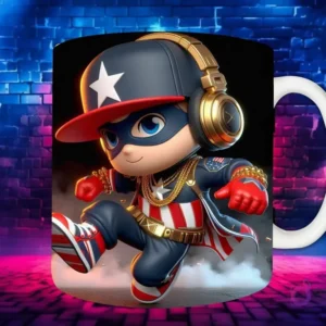 Plantilla de sublimación para taza con personaje Wile E. Coyote Chibi en estilo Hip Hop, con gorra negra, auriculares y cadenas de oro, sobre fondo de pared de ladrillos neón.