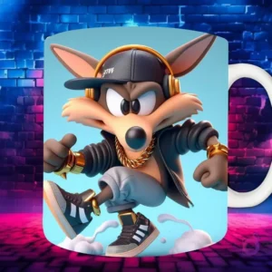 Plantilla de sublimación para taza con personaje Wile E. Coyote Chibi en estilo Hip Hop, con gorra negra, auriculares y cadenas de oro, sobre fondo de pared de ladrillos neón.
