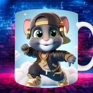 Plantilla de sublimación para taza con personaje Winnie the Pooh Chibi en estilo Hip Hop, con gorra gris, auriculares y cadenas de oro, sobre fondo de pared de ladrillos neón.