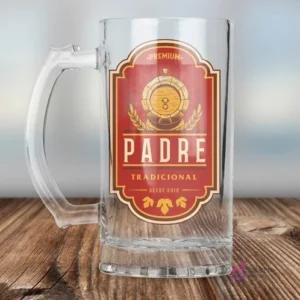Chopero de vidrio sublimado con diseño del Día del Padre 'PREMIUM PADRE TRADICIONAL' en rojo y oro, con un barril de madera como ícono.