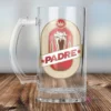 Chopero de vidrio transparente con plantilla de sublimación Día del Padre diseño vintage en rojo y oro, frase PADRE y emblema de cerveza.