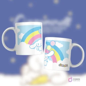 Taza blanca con diseño de Cinnamoroll volando, un arcoíris, nubes y globos de colores sobre un fondo de cielo azul claro.