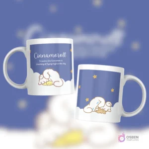 Taza blanca con diseño de Cinnamoroll dormido con un amigo, y la frase 'It seems like Cinnamoroll is dreaming of flying high in the sky' sobre un cielo nocturno estrellado.