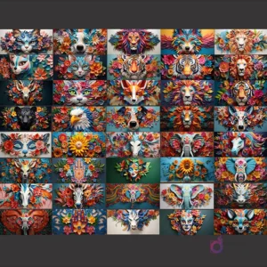Colección completa de 44 diseños de sublimación para tazas, mostrando animales variados como leones, gatos, tigres y elefantes, todos con estilo paper-cut 3D y adornos florales coloridos.