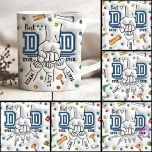 Mosaico de seis variaciones diferentes del diseño de plantillas para tazas del Día del Padre, mostrando combinaciones de puños, manitos y herramientas, con una taza física de ejemplo a la izquierda con el diseño completo.