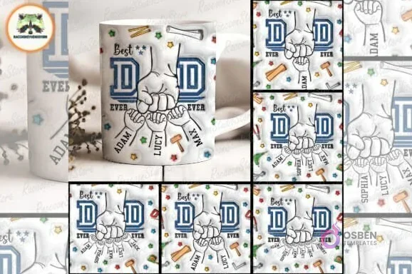 Mosaico de seis variaciones diferentes del diseño de plantillas para tazas del Día del Padre, mostrando combinaciones de puños, manitos y herramientas, con una taza física de ejemplo a la izquierda con el diseño completo. Mosaico de seis variaciones diferentes del diseño de plantillas para tazas del Día del Padre, mostrando combinaciones de puños, manitos y herramientas, con una taza física de ejemplo a la izquierda con el diseño completo.