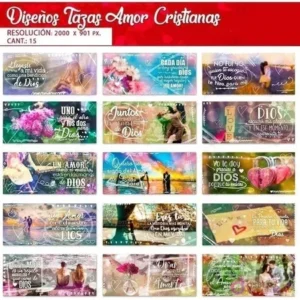 Colección de 15 diseños de tazas con frases de amor cristiano, mostrando paisajes y parejas. 'Diseños Tazas Amor Cristianas, Resolución: 2000 x 901 px, Cant: 15'.