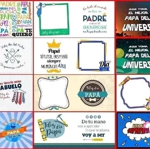 Collage con doce plantillas variadas para sublimación del Día del Padre, incluyendo marcos personalizables, diseños de texto como 'Papá Te Quiero', motivos de traje, náuticos, espaciales y otros mensajes.