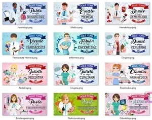 Muestra de 18 diseños de tazas personalizadas para diversas profesiones médicas, incluyendo hombres y mujeres, con nombres y títulos como Nutricionista, Neurólogo, Médico, Hematólogo, Fonoaudiólogo, Fisioterapeuta, Farmacéutico, Enfermero, Cirujano, Bacteriólogo, Pediatra, Paramédico, Veterinario, Odontólogo.