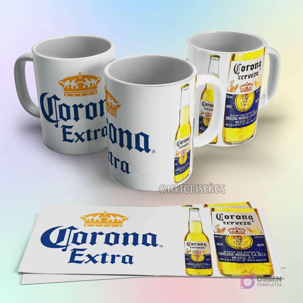 Taza de sublimación Corona Extra con logo azul, corona dorada y diseño de botella de cerveza con etiqueta clásica Taza de sublimación Corona Extra con logo azul, corona dorada y diseño de botella de cerveza con etiqueta clásica