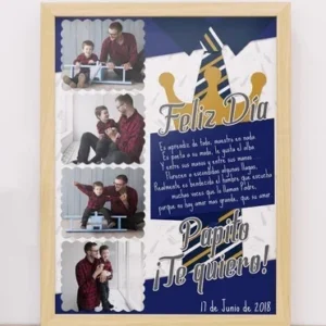 Cuadro para Día del Padre editable en marco de madera claro, diseño con collage de cuatro fotos de padre e hijo y texto 'Feliz Día Papito ¡Te quiero!' junto a un poema y corona decorativa en tonos azul y dorado.