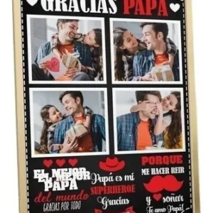 Mockup de cuadro del Día del Padre estilo pizarra con mensaje 'Gracias Papá' y cuatro fotos familiares enmarcadas, con frases emotivas escritas en tiza.