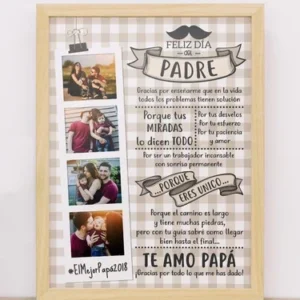 Cuadro imprimible Día del Padre en marco de madera claro, diseño de cuadros vichy beige y blanco con estilo polaroid para 4 fotos familiares y mensajes emotivos como 'Feliz Día del Padre', 'Porque eres ÚNICO' y 'Te Amo Papá'.