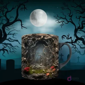 Taza de sublimación con diseño gótico de una cueva formada por árboles retorcidos, calaveras y vegetación oscura. Fondo de luna llena y árboles sombríos.