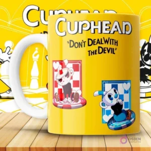 Mockup de taza amarilla con diseño de Cuphead y Mugman jugando a las cartas, con la frase 'Don't Deal With The Devil'.