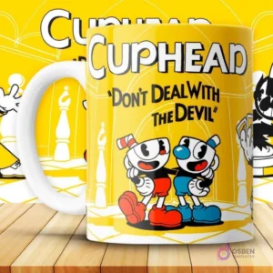 Mockup de taza amarilla con diseño de Cuphead y Mugman caminando y saludando, con logo 'Cuphead' de fondo.
