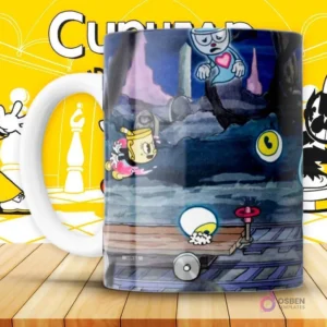 Mockup de taza con diseño oscuro de Ms. Chalice volando y Cuphead como fantasma, escena de juego.