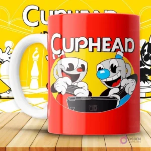 Mockup de taza roja con diseño de Cuphead y Mugman sonriendo y jugando videojuegos con controladores.