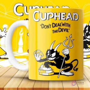 Mockup de taza amarilla con diseño del Diablo (The Devil) sentado sobre fichas de casino, con tridente.