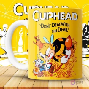 Mockup de taza amarilla con diseño de Cuphead combatiendo a la reina abeja (Rumor Honeybottoms) con miel goteando.