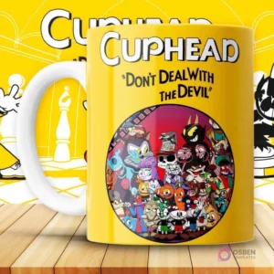 Mockup de taza amarilla con un collage circular de múltiples personajes y jefes de Cuphead.