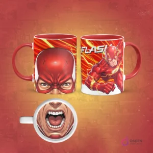 Taza de sublimación con diseño de Flash corriendo hacia adelante y un primer plano de su máscara detallada. En la base de la taza, una boca abierta. El asa de la taza es roja.