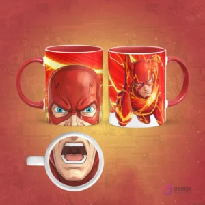 Taza de sublimación con diseño de Flash corriendo y un primer plano de su máscara animada. En la base de la taza, una boca abierta. El asa de la taza es roja.
