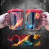 Tazas sublimadas con diseño artístico de Deadpool y Wolverine enfrentándose entre llamas.