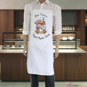 Delantal blanco sublimado con diseño vectorial 'Aquí Cocina Papi Master Chef' con ilustración de chef, ideal para el Día del Padre.