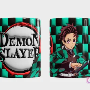 Taza con diseño de Tanjiro Kamado de Demon Slayer y logo 3D inflado sobre fondo a cuadros verde y negro
