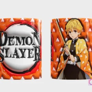 Taza sublimada con Zenitsu Agatsuma de Demon Slayer y logo 3D inflado sobre fondo naranja texturizado