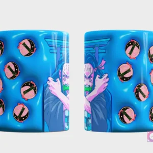 Taza con diseño de Nezuko Kamado en un fondo azul vibrante con efecto 3D inflado