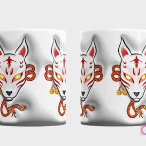 Taza sublimada con una máscara kitsune de Demon Slayer con ojos brillantes y efecto 3D inflado